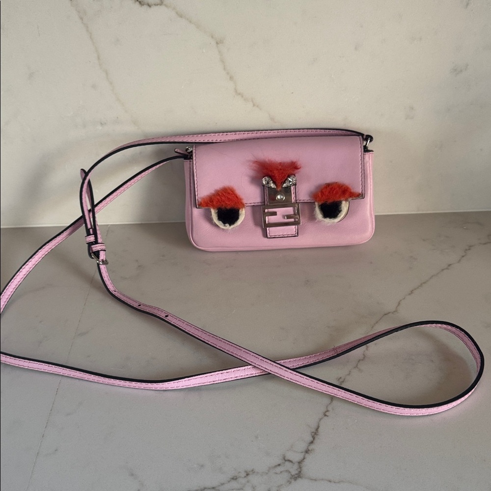 FENDI Mini Monster Baguette Pink Leather Crossbody Bag